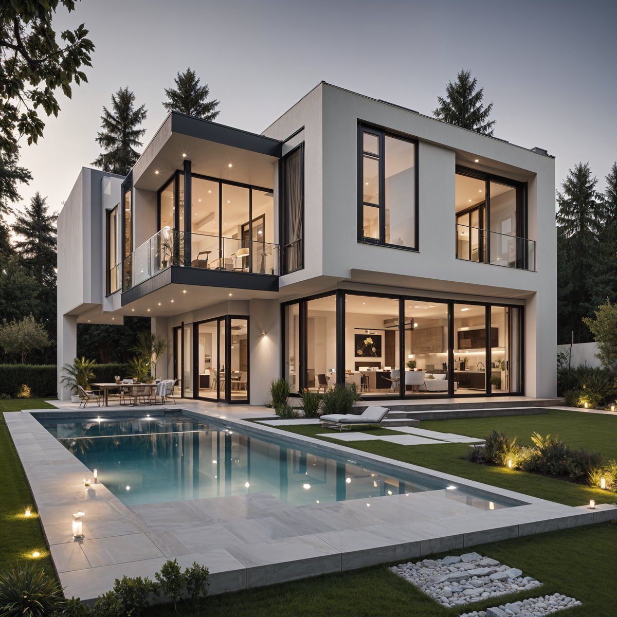 A large white house with a swimming pool and a patio with chairs and a bench.