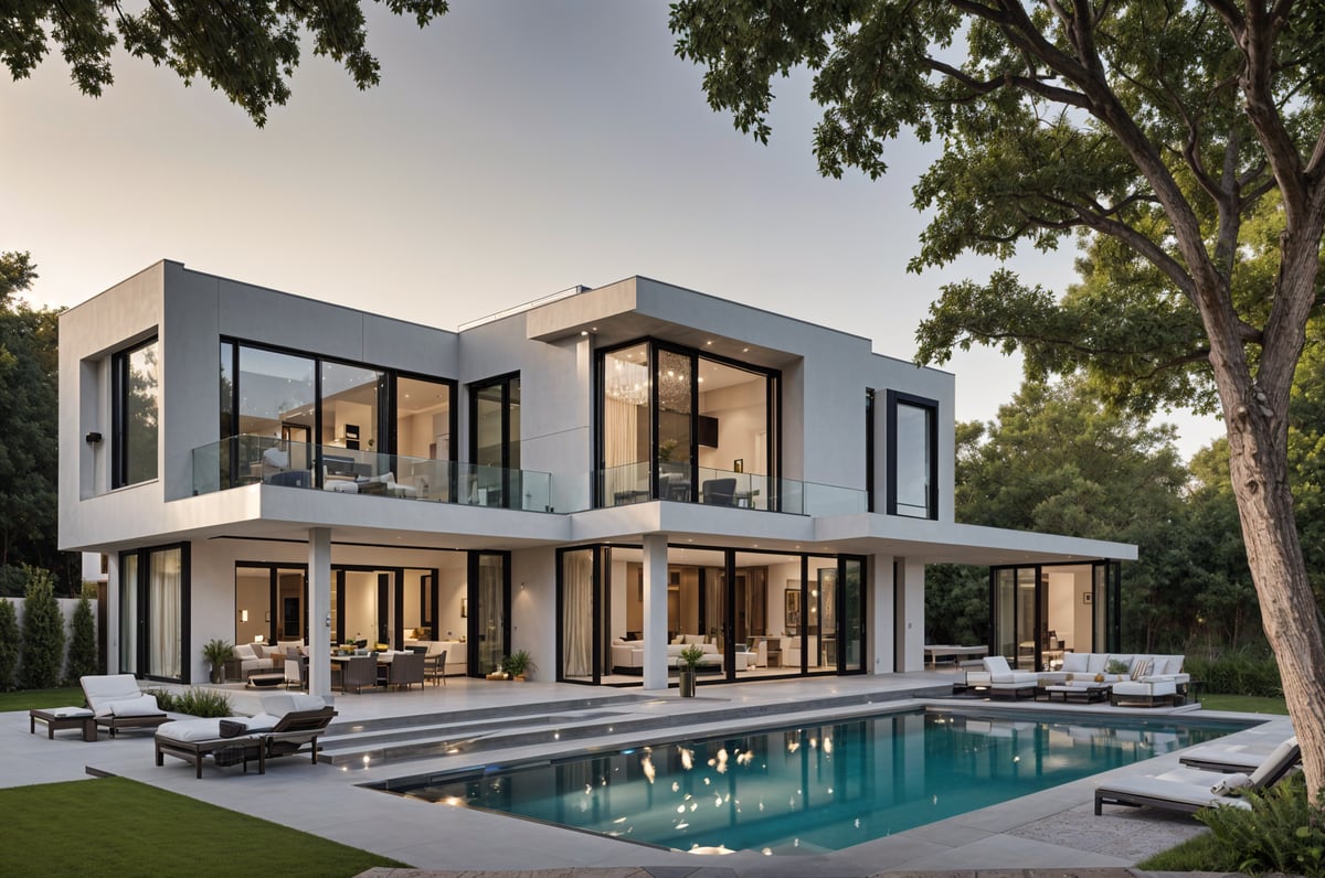 A large, modern house with a pool and a spacious backyard. The house has a white exterior and features a large window that spans across the entire width of the building.