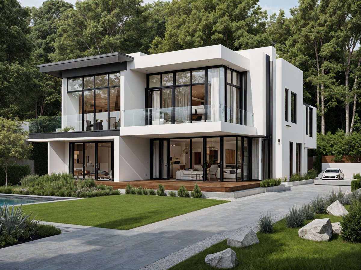 Modern house exterior with white and black color scheme, large deck, and balcony overlooking the yard.