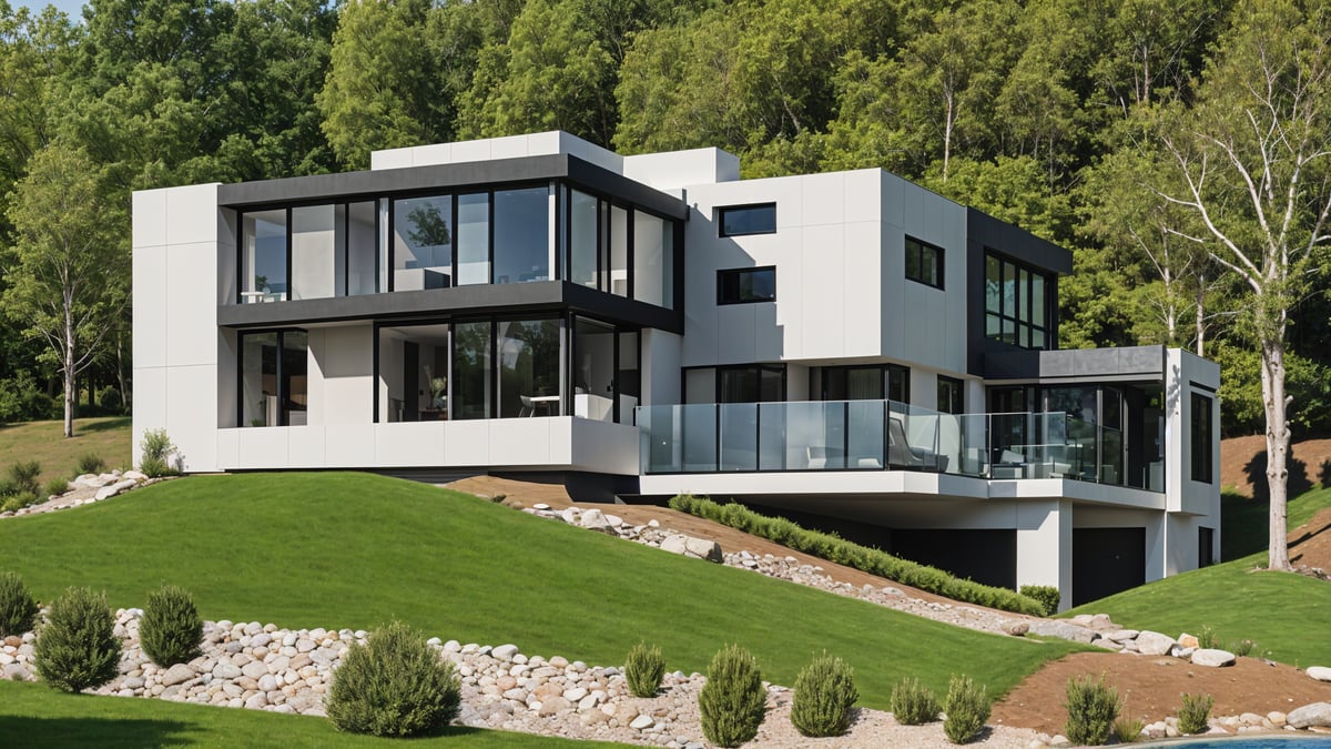 A modern house exterior with a white and black design, featuring a large glass wall and a balcony overlooking a grassy hillside.