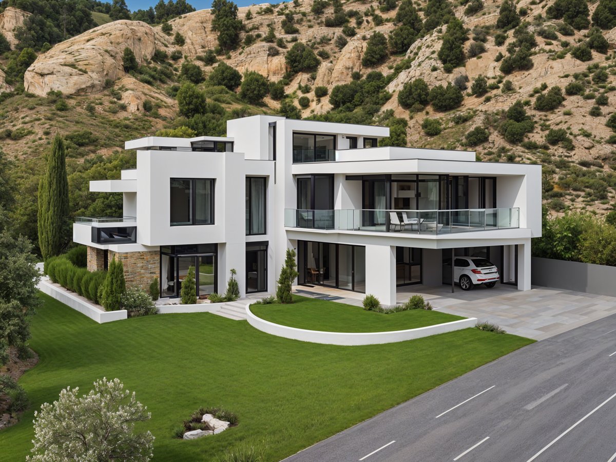 A large white house with a car parked in the driveway.