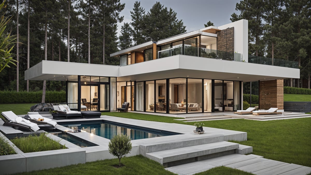 Modern house exterior with pool and patio