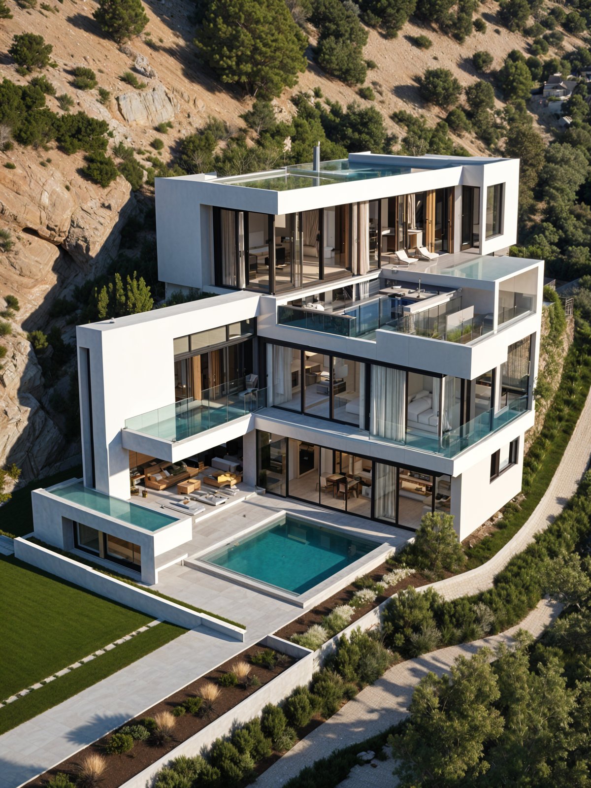 A modern house exterior with a large glass wall and swimming pool on a hillside.