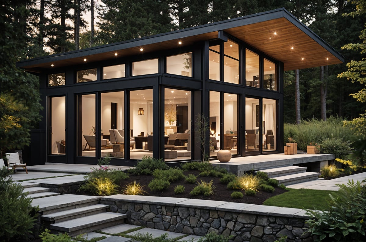 A modern house exterior with a large glass wall and a fireplace. The house has a black and white color scheme and is surrounded by a forest.