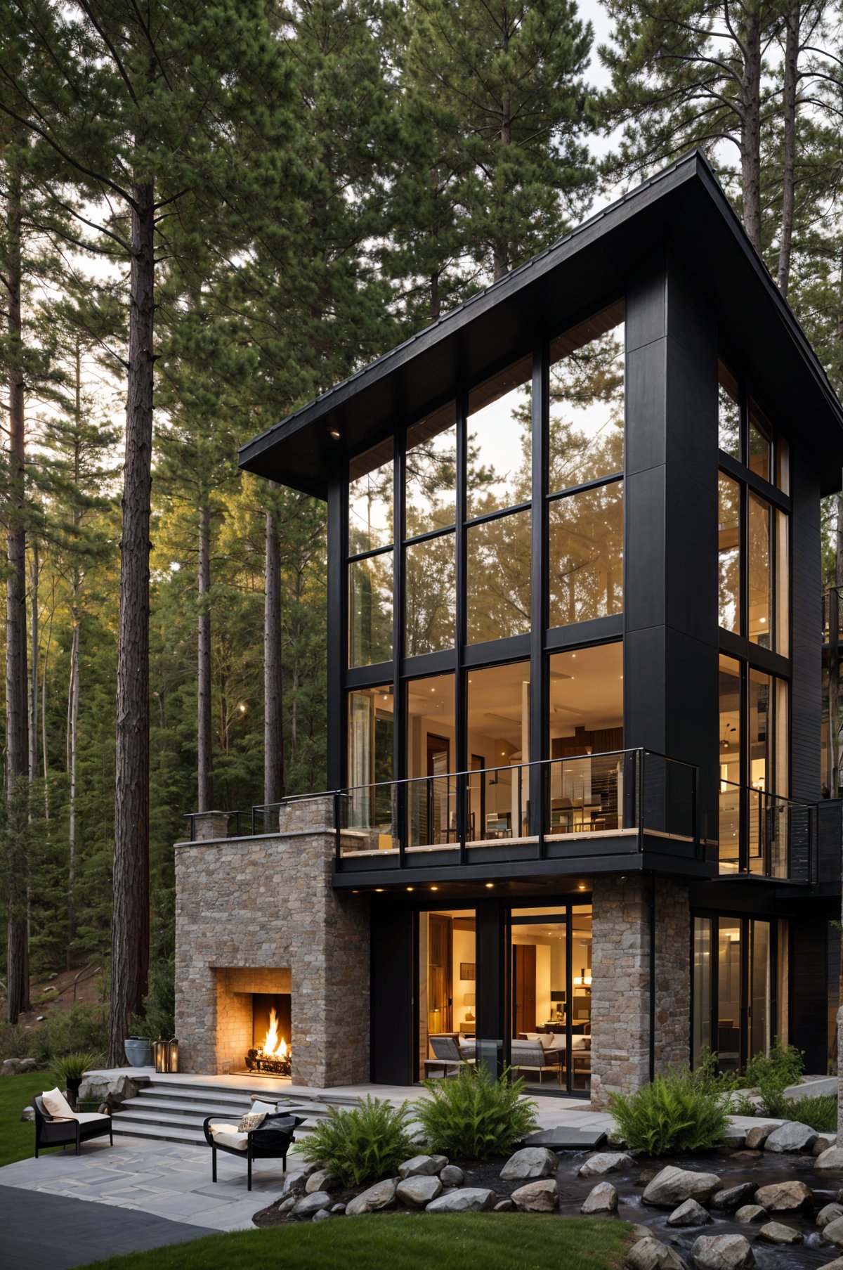 A modern house with a stone fireplace and large windows overlooking the woods.