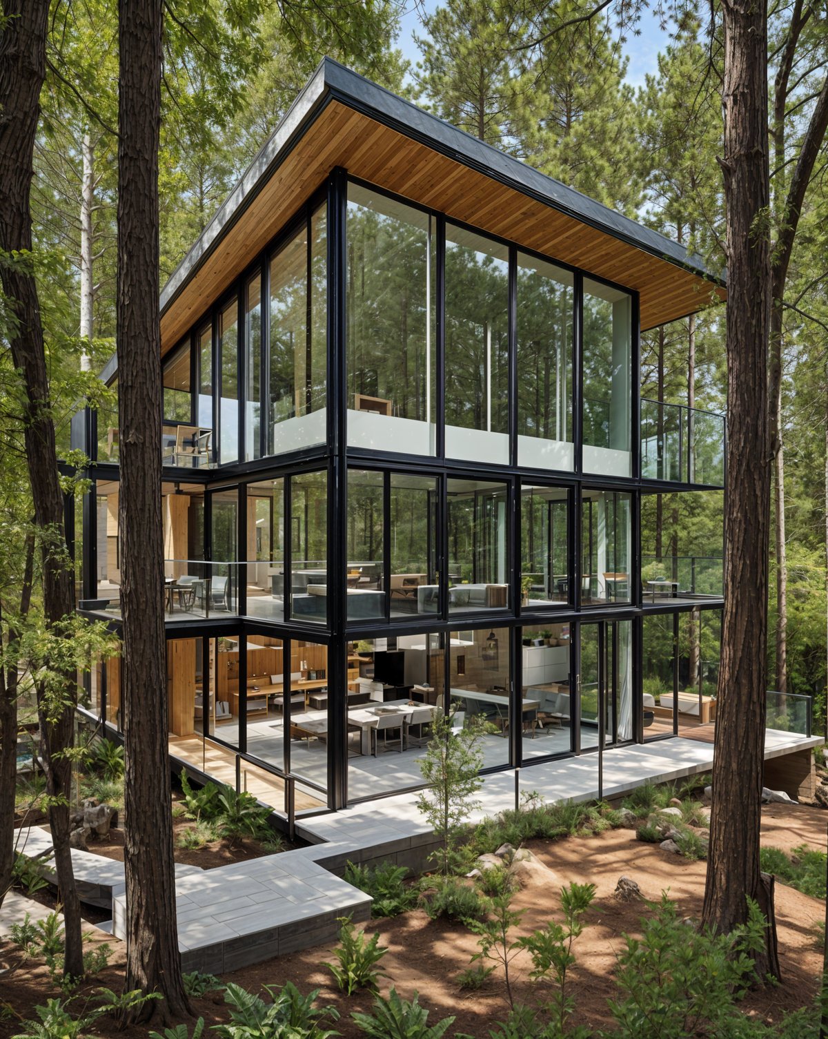 Modern house exterior with large glass wall and trees in the background