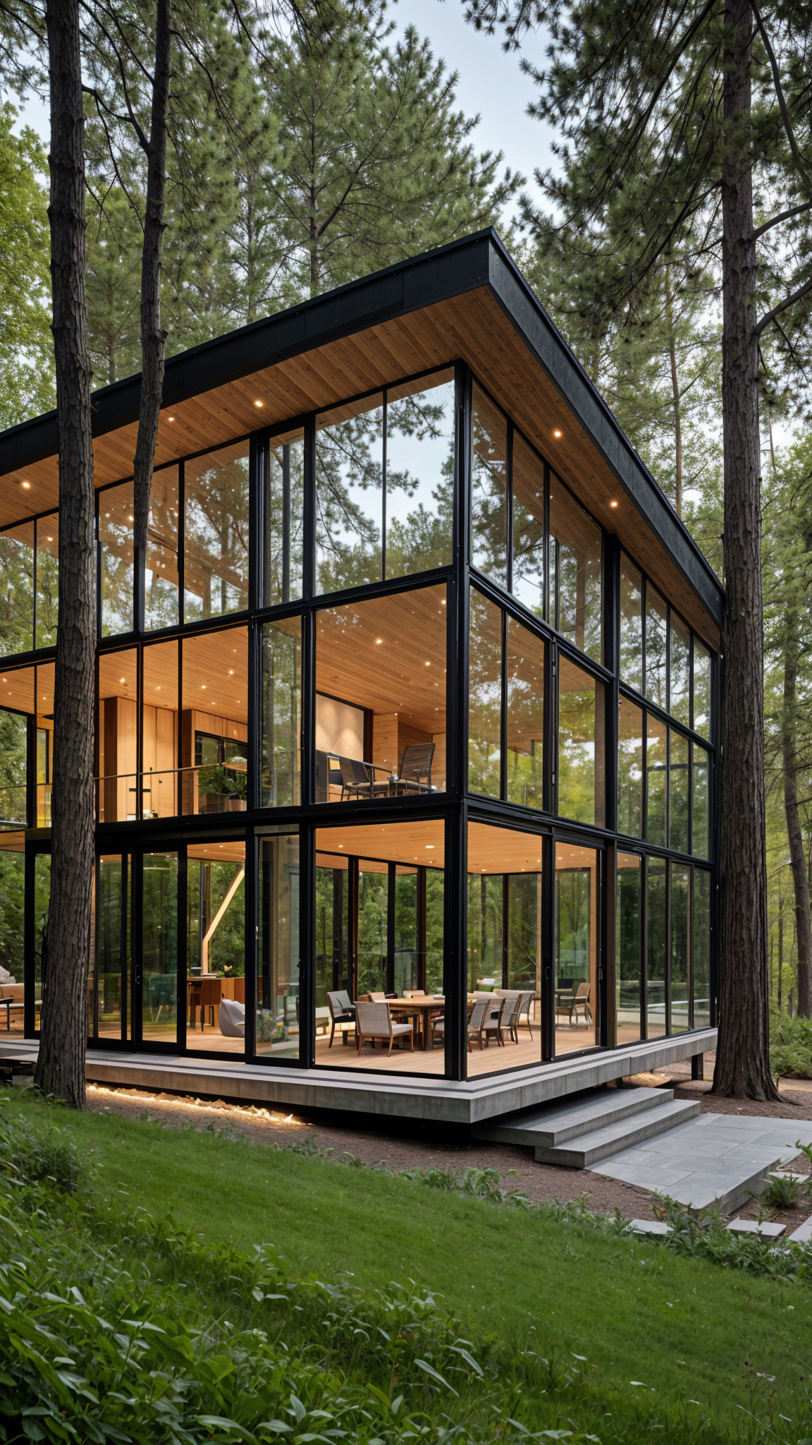 Modern house exterior with large glass wall and deck overlooking the woods