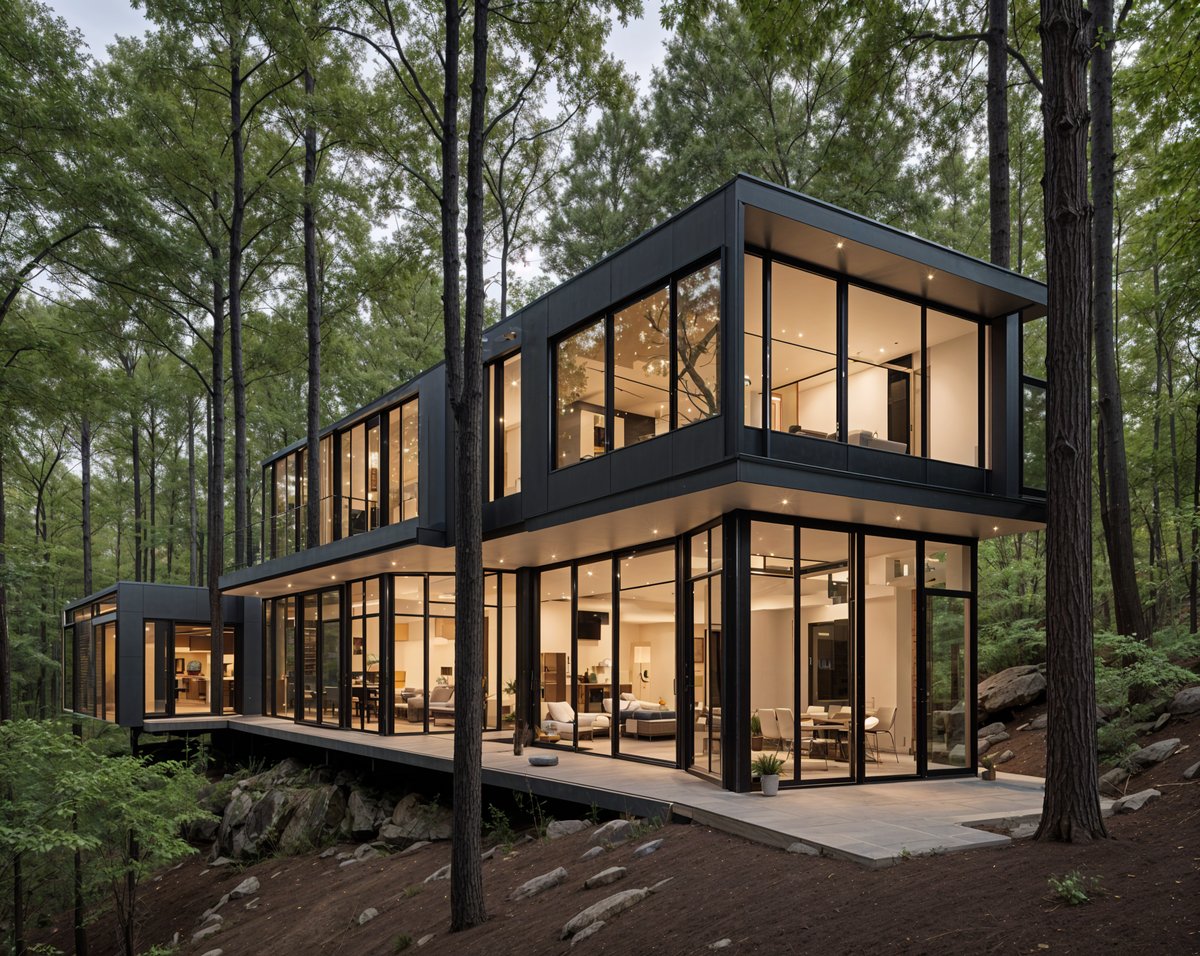 A modern house with a deck overlooking the woods. The house has large windows and a unique design.