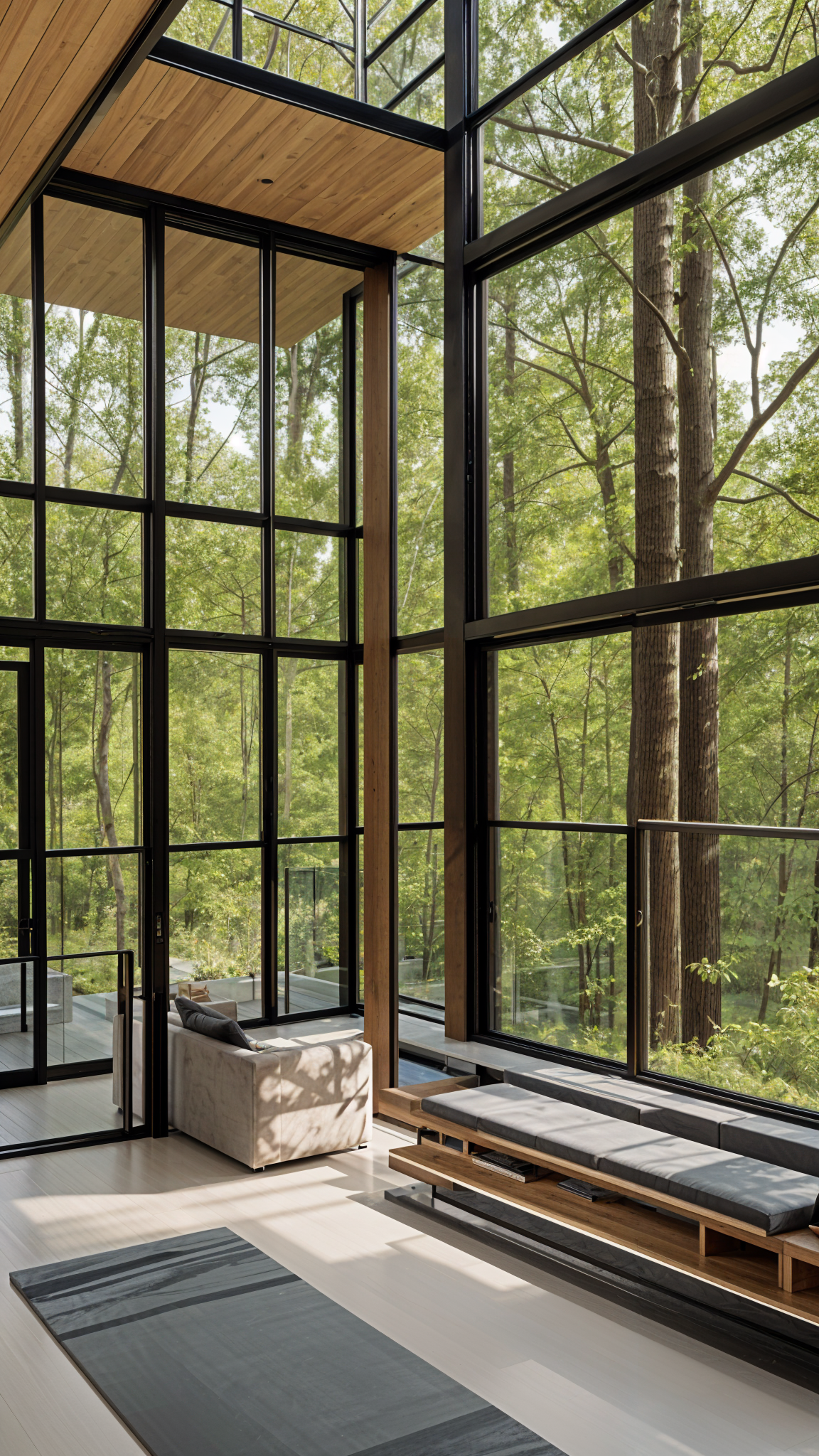 A modern house exterior with a large glass wall and deck overlooking the trees.