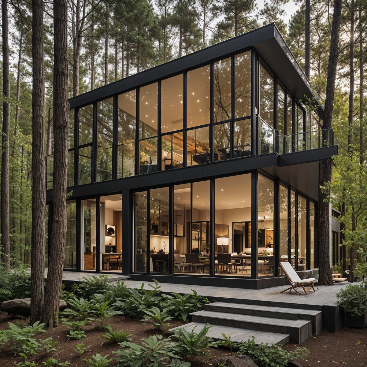 A modern house with a large glass wall and deck overlooking the woods.