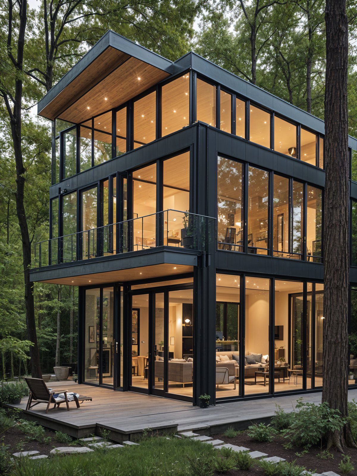 A modern house exterior with a large glass wall and deck, surrounded by trees.