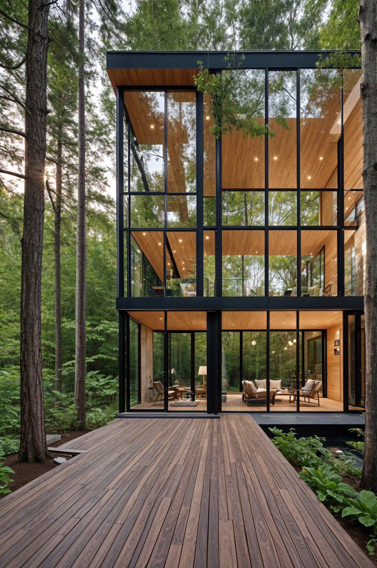 Modern house exterior with large glass wall and wooden deck. The living room is spacious and filled with furniture.