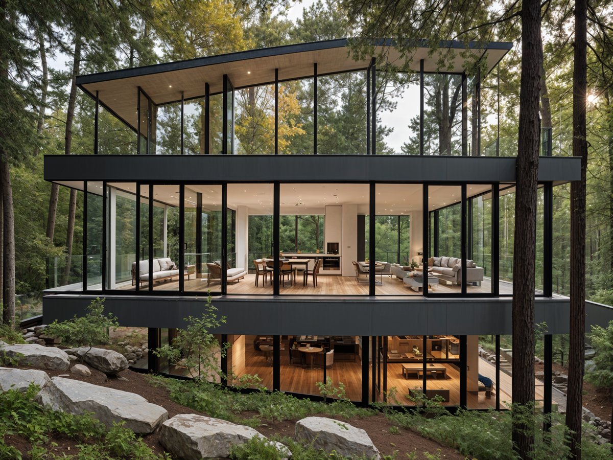 A modern house exterior with a large glass wall and spacious living room