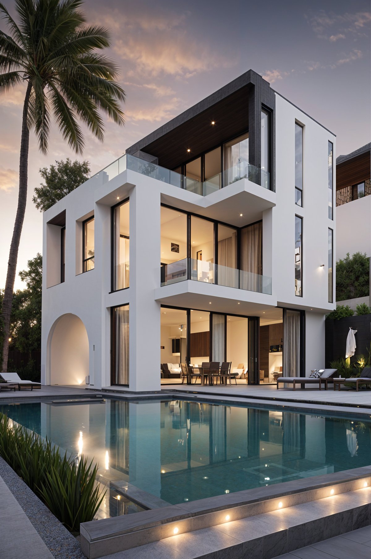 Modern house exterior with pool and glass balcony