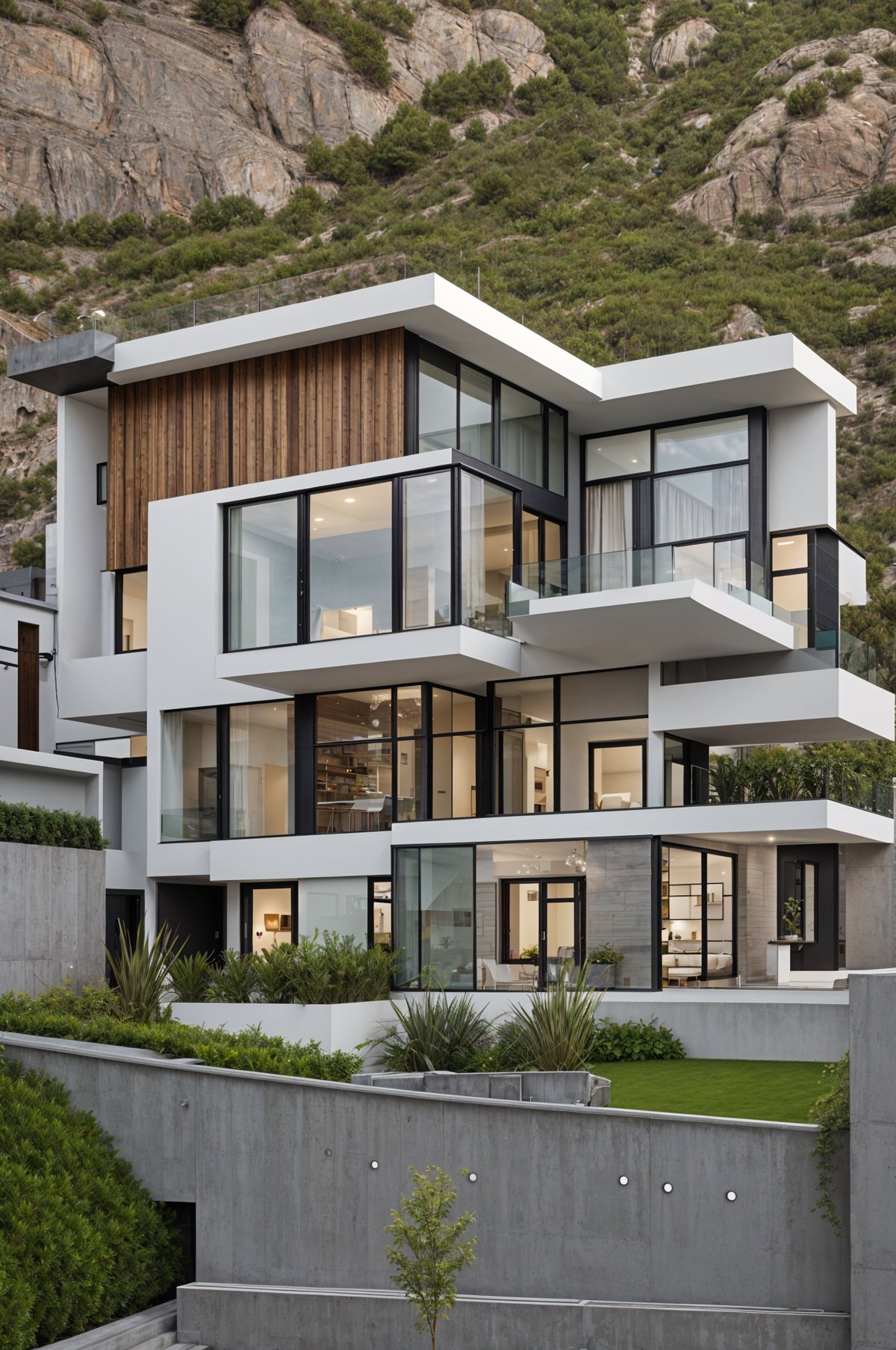 A modern house exterior with a white and brown color scheme, a large glass wall, and a balcony overlooking the garden.