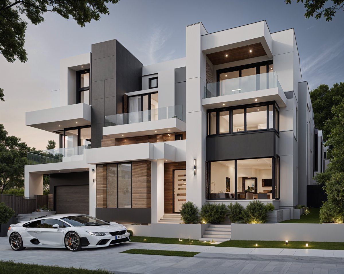 A white and black sports car parked in front of a modern house with a large garage and driveway.