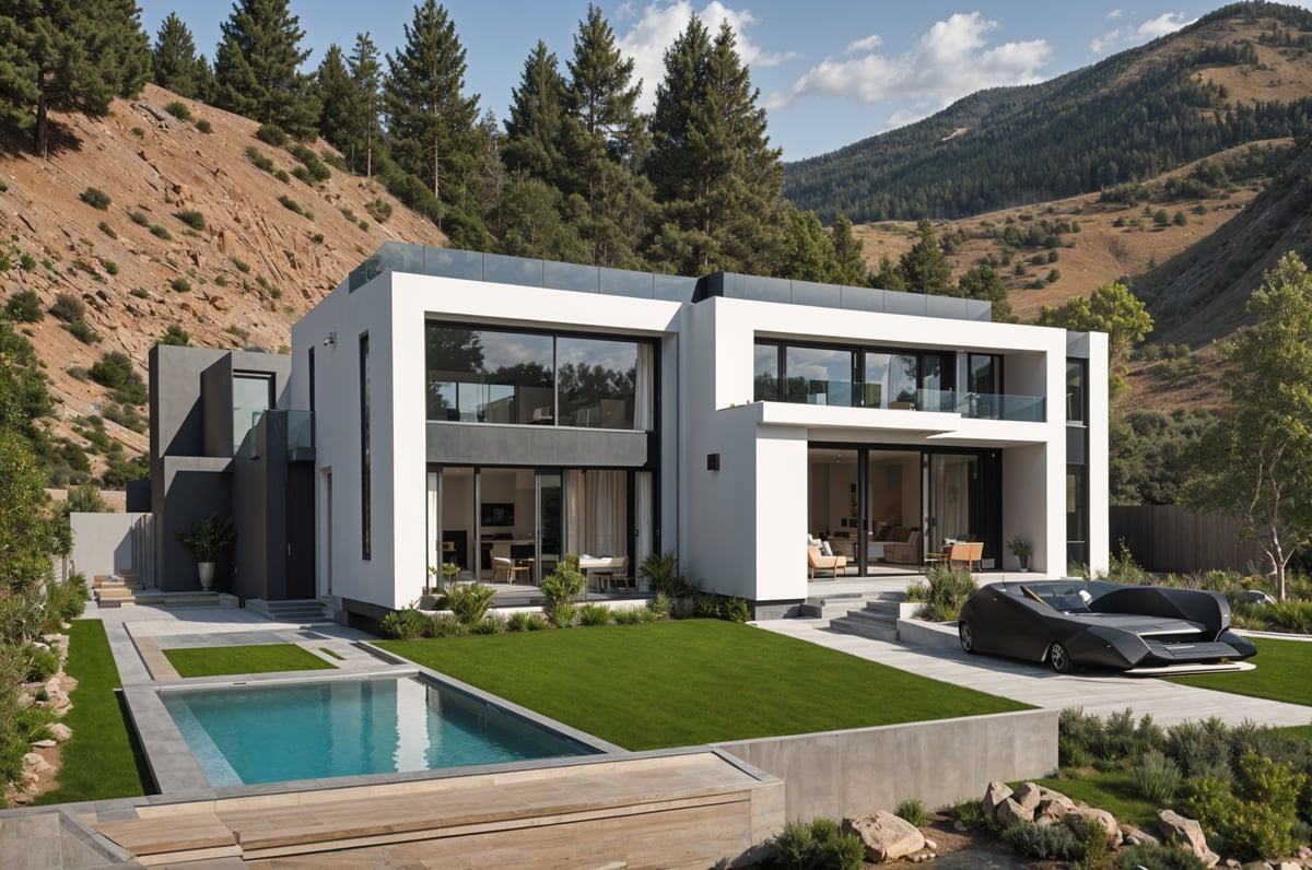 A modern house exterior with a pool and a car parked in front. The house is white and has a sleek design. The pool is located in the front yard, and the car is parked nearby.