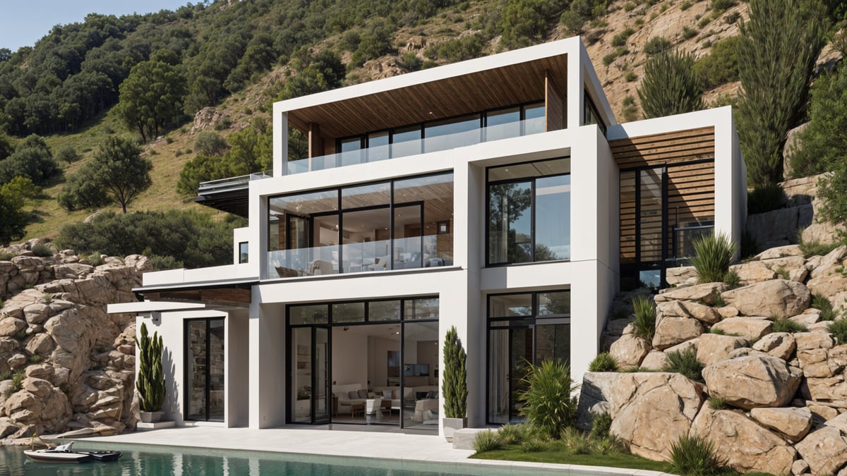 Modern house exterior with a large glass wall and swimming pool. The house has a white and brown color scheme and is situated on a hillside.