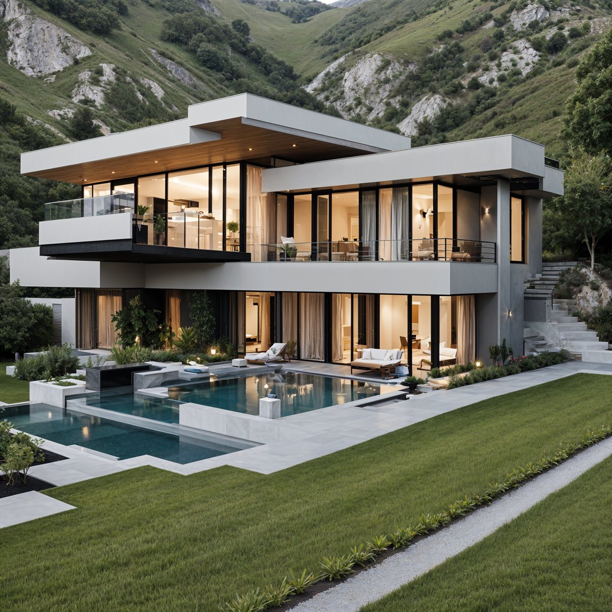 A modern house exterior with a pool and a large deck. The house is made of white and grey stone and has a large deck area. The pool is surrounded by a lush green lawn and is situated in front of the house.