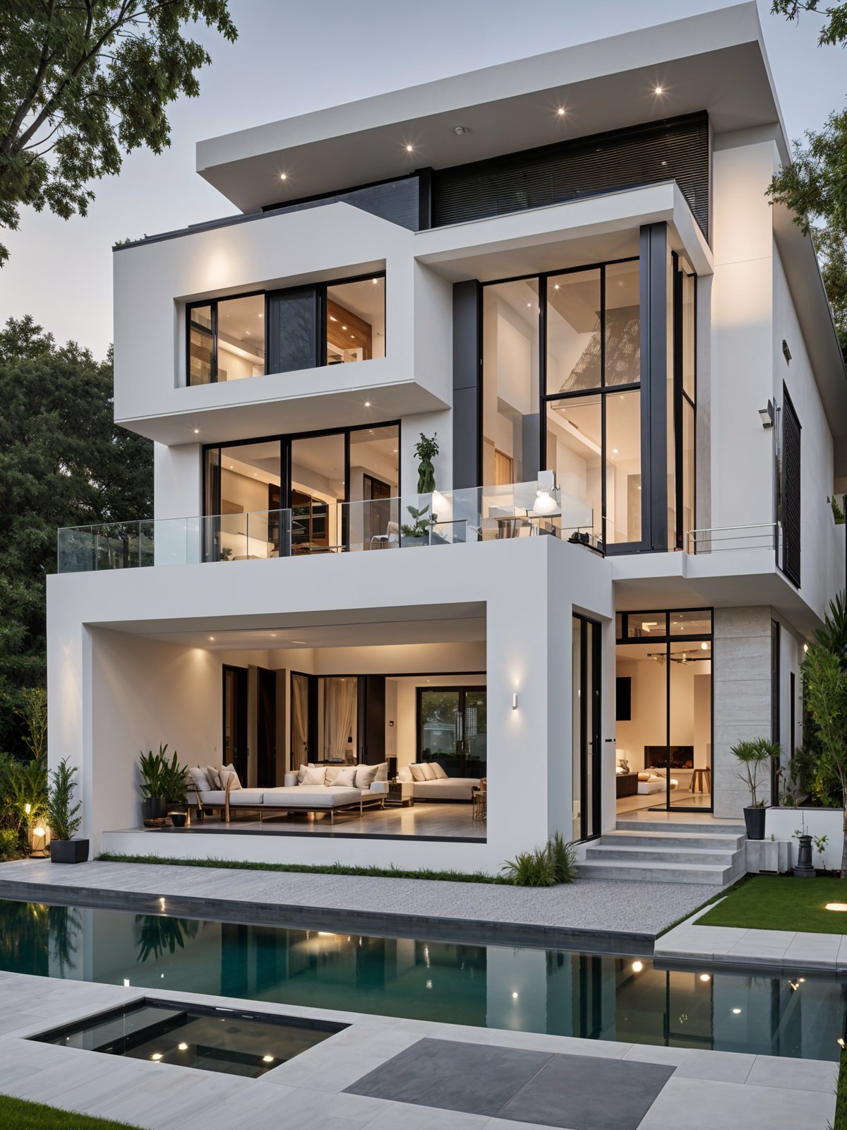 A modern house exterior with a swimming pool and living area. The house has a white and black color scheme and features a large window in the living room.