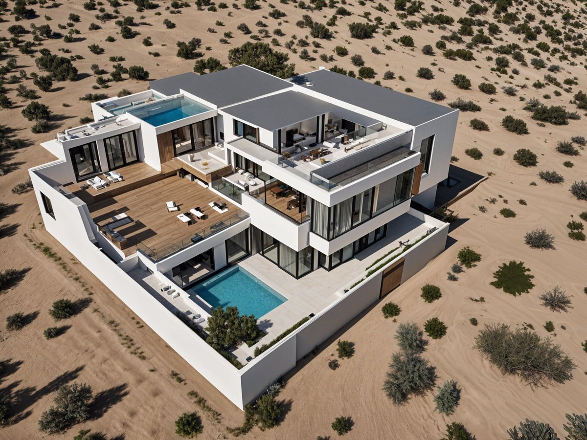 Modern house exterior with pool and deck in a desert landscape