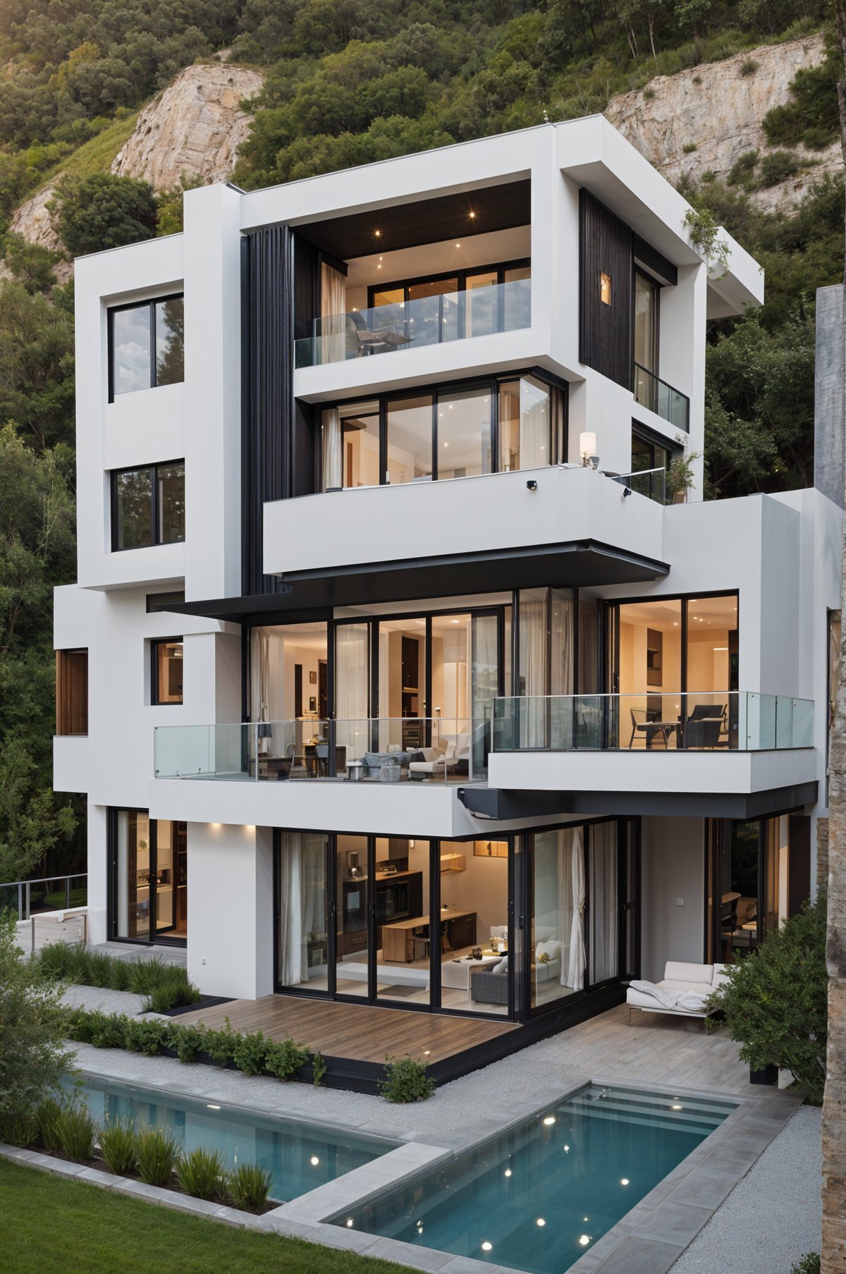 Modern house exterior with a balcony and greenery