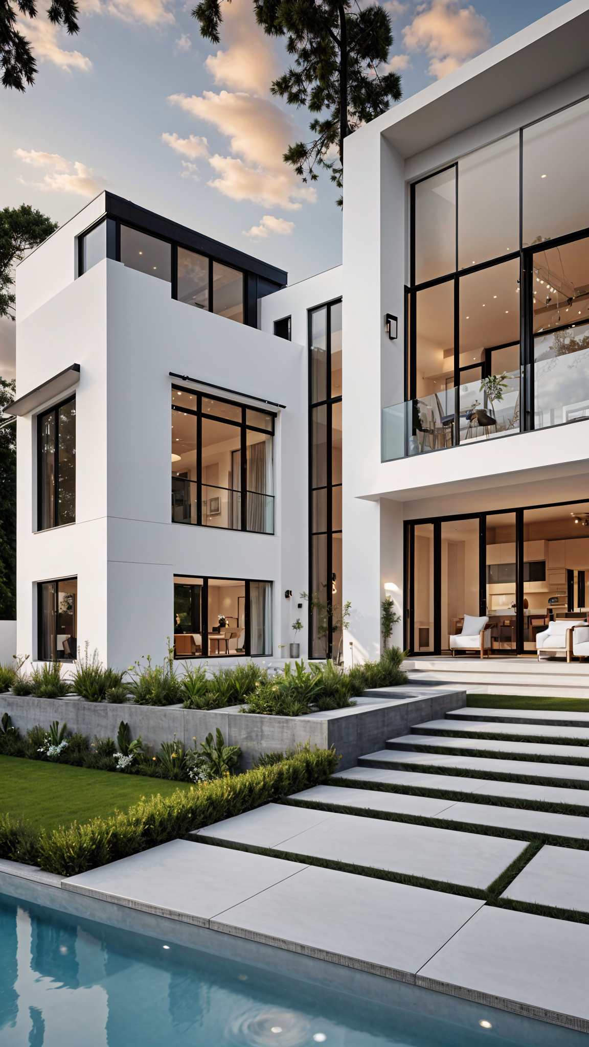 A large white house with a glass wall and a staircase leading up to the entrance. The house is surrounded by a lush green lawn and has a few potted plants in front of it.