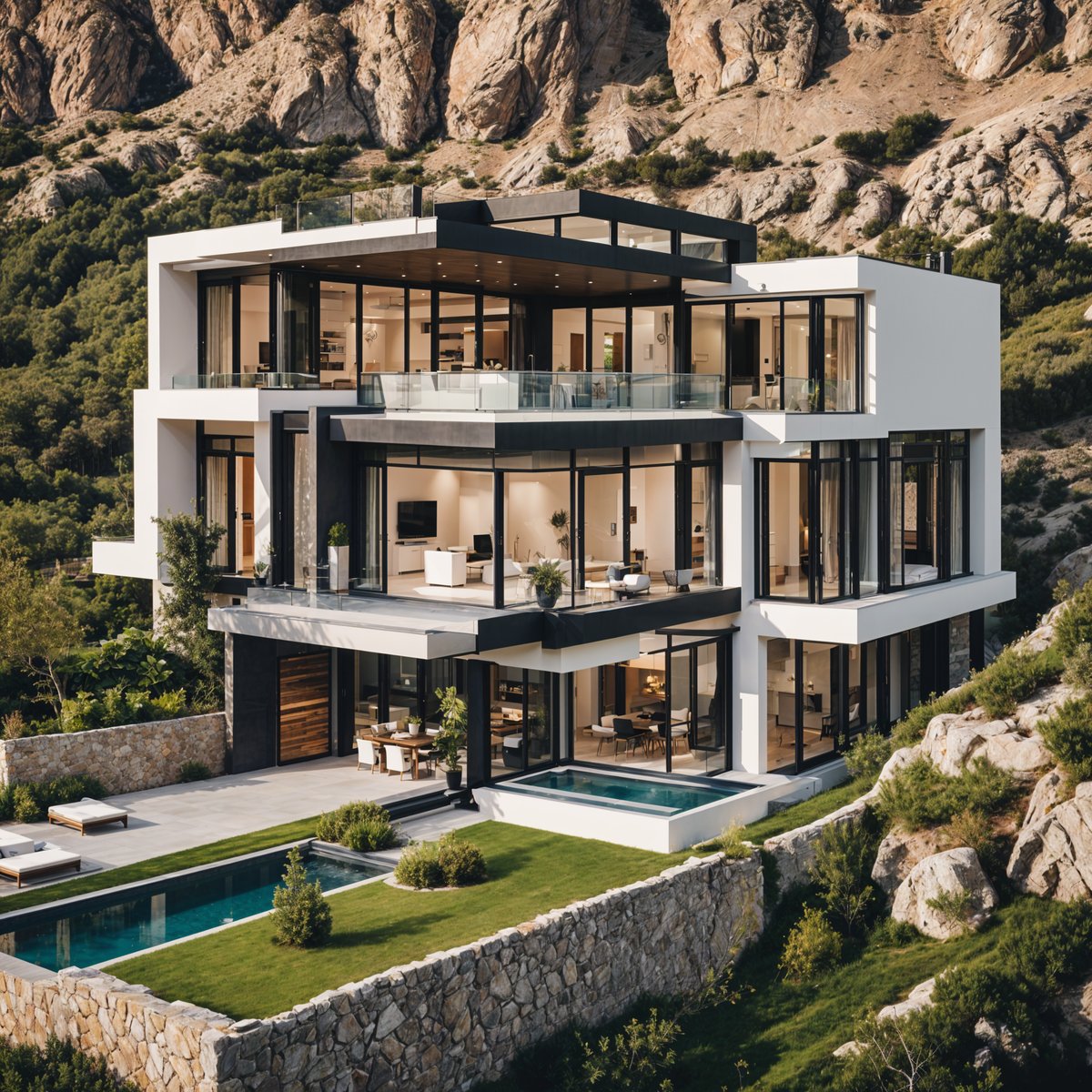 A modern house with a large glass wall and a pool in the backyard. The house is surrounded by a stone wall and has a mountain in the background.