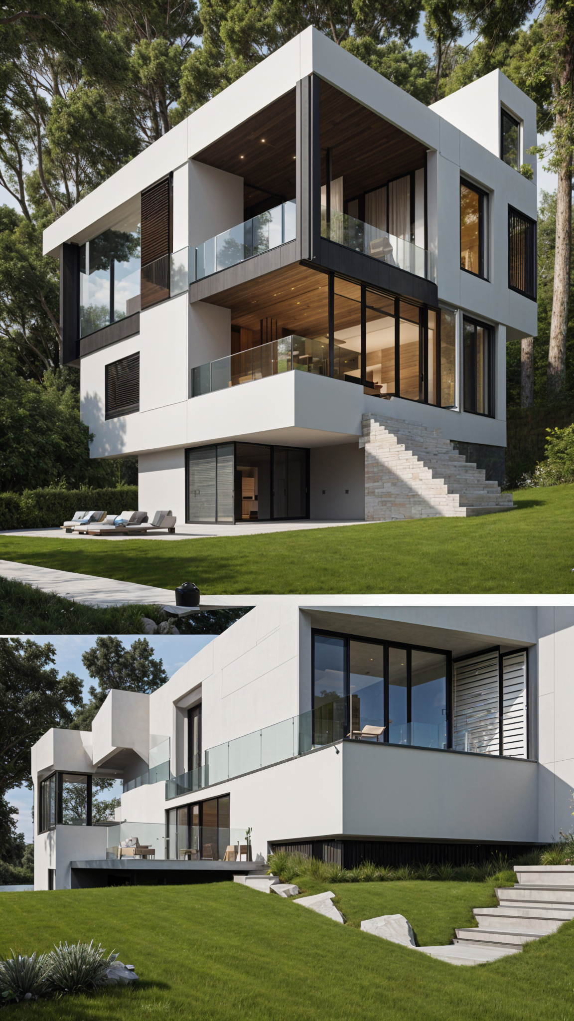 A modern house exterior with a staircase leading to the entrance. The house is white and has a sleek design.