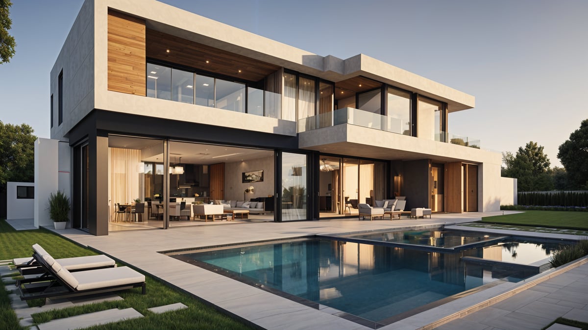 A modern house with a large swimming pool and a spacious living room.