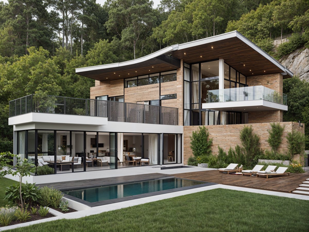 A modern house exterior with a large swimming pool and deck area, featuring wood and glass elements.