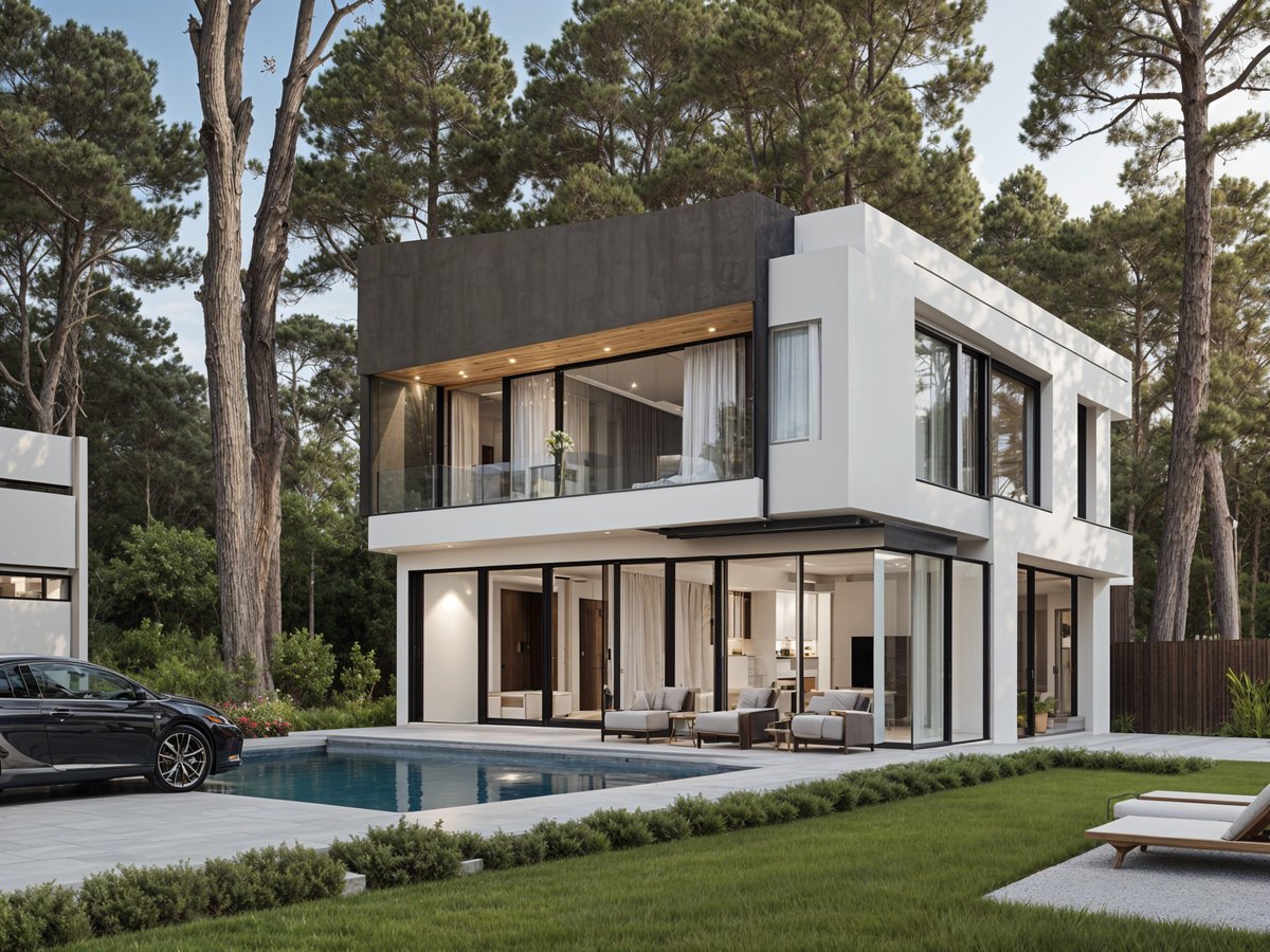 Modern house exterior with pool and car parked in front