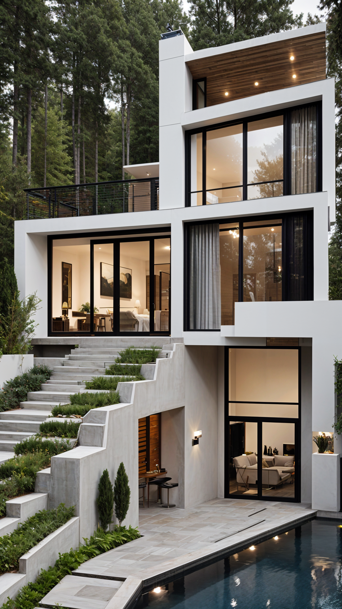 A modern house exterior with a large window and a staircase leading up to the entrance. The house is surrounded by trees and has a balcony on the second floor.