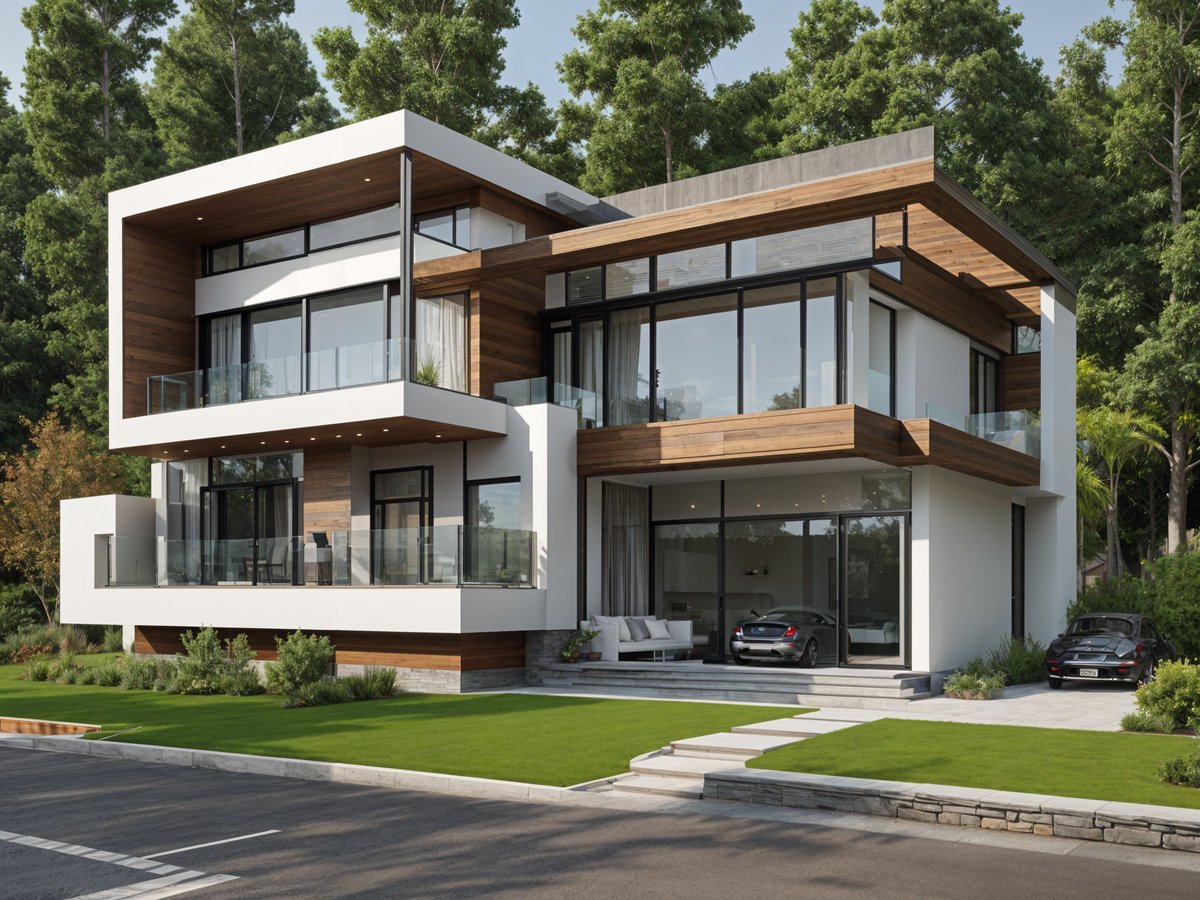 Modern house exterior with a wooden deck and a car parked in front.