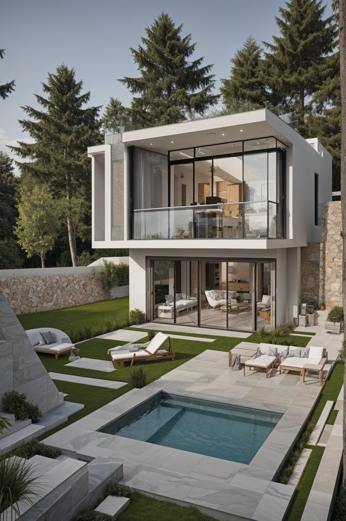 Modern house exterior with a swimming pool, patio, and lounge chairs.