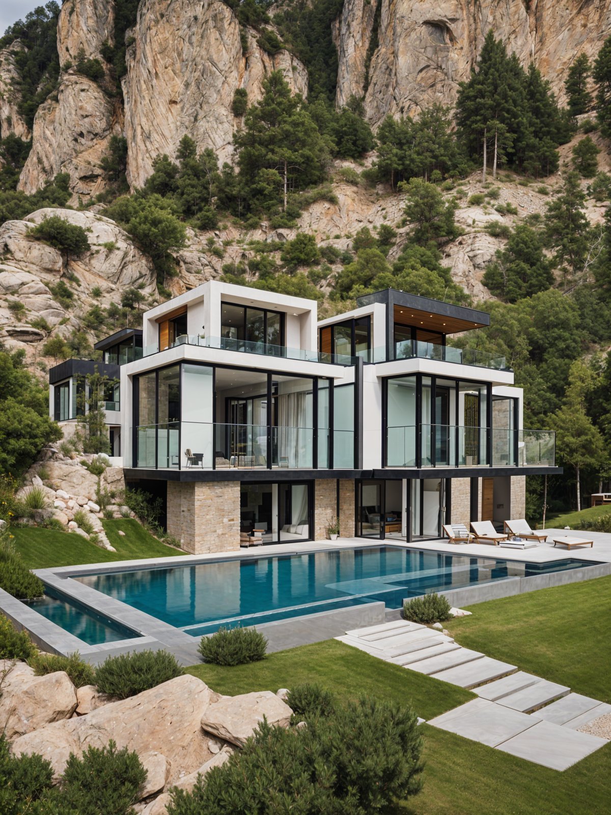 A modern house exterior with a pool and a deck. The house is surrounded by greenery and has a large deck with a pool. The design is sleek and contemporary, with a focus on functionality and aesthetics.