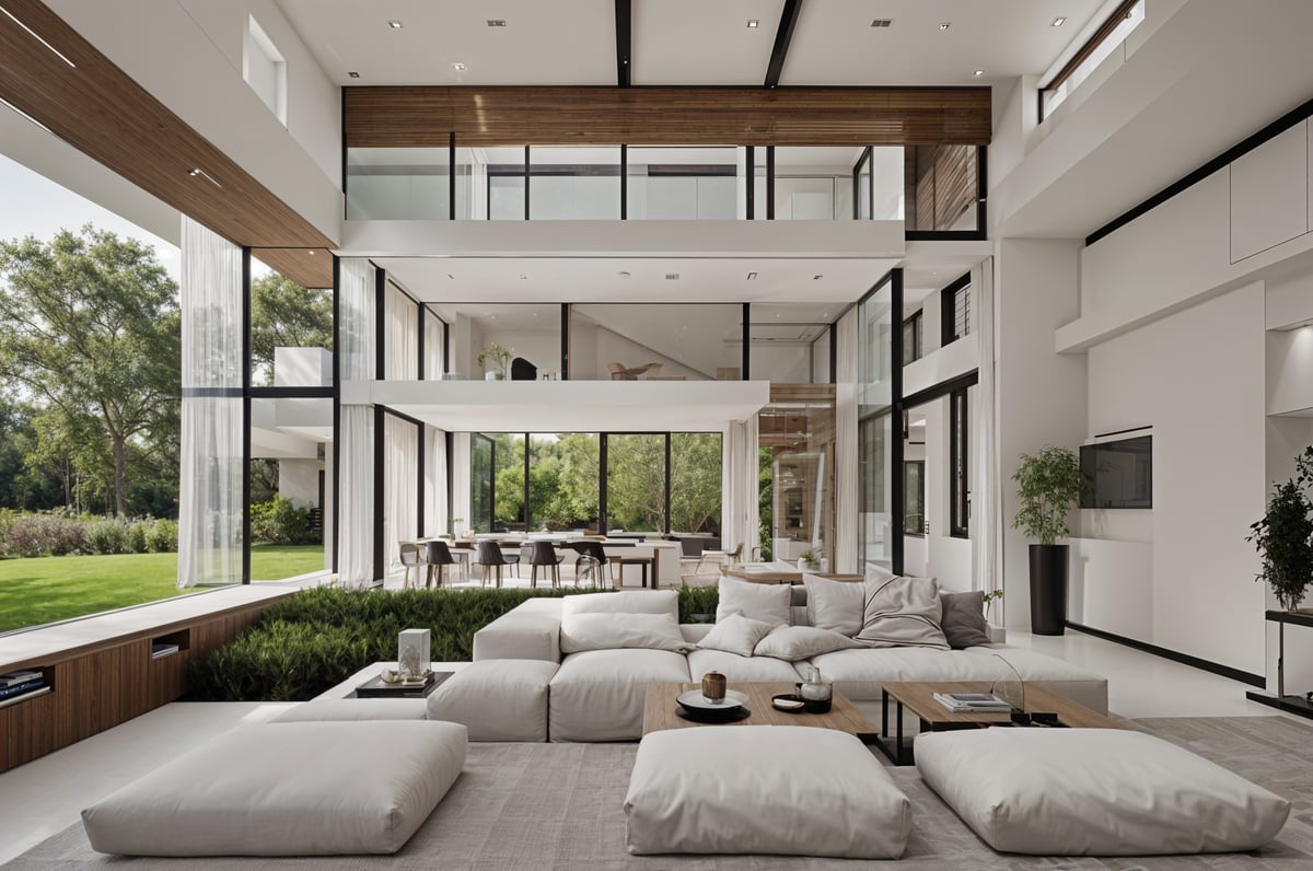 A modern house exterior with a large open floor plan and a spacious living area. The living room is filled with white furniture, including couches and chairs, and features a large window that allows for plenty of natural light. The space is further enhanced by the presence of potted plants and vases, adding a touch of greenery and elegance to the room.