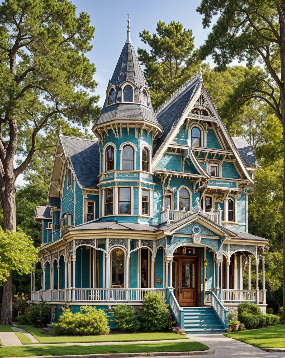 A large blue Victorian house with a green roof and a pointy top. The house has a wrap around porch and a staircase leading up to the entrance. The house is surrounded by trees and has a large lawn.