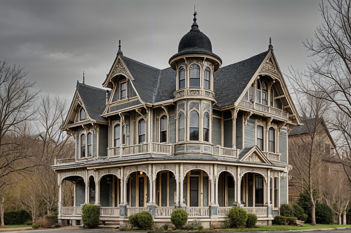 Victorian house exterior with a black roof and a cupola on top.