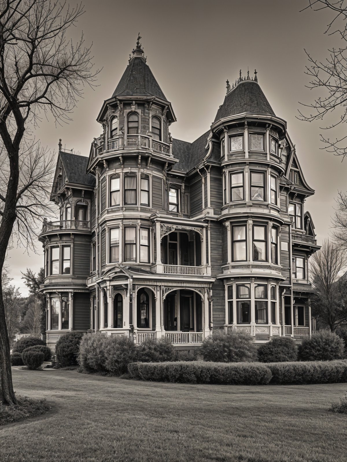 Victorian house exterior with a wrap around porch and pointed roof. Black and white color scheme.