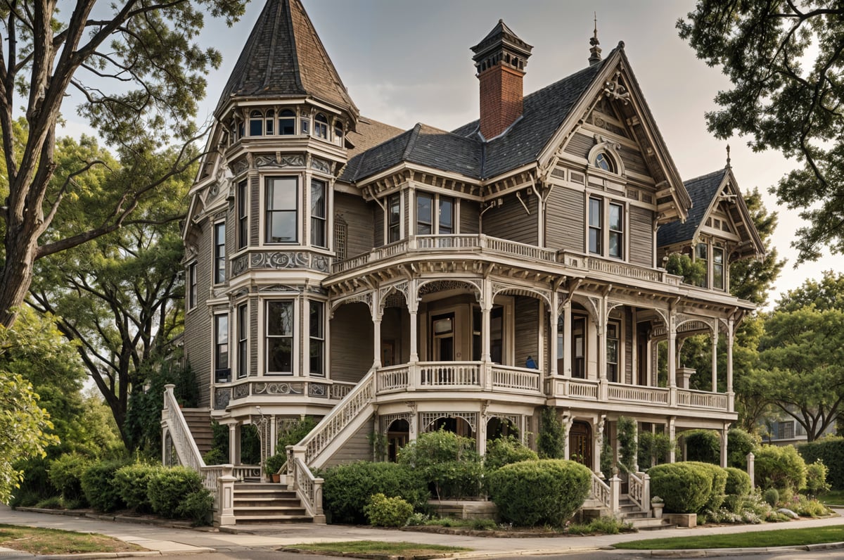 Victorian house with a wrap around porch and a chimney