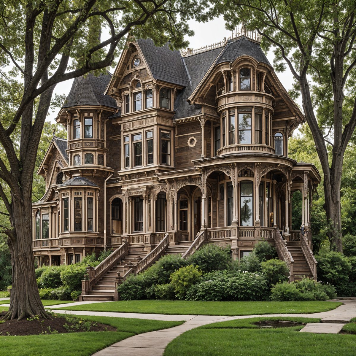 A large Victorian house with a wrap around porch and a tree in front of it. The house has a beautiful garden in front of it and is surrounded by trees. The house has a large front lawn and is situated on a corner lot.