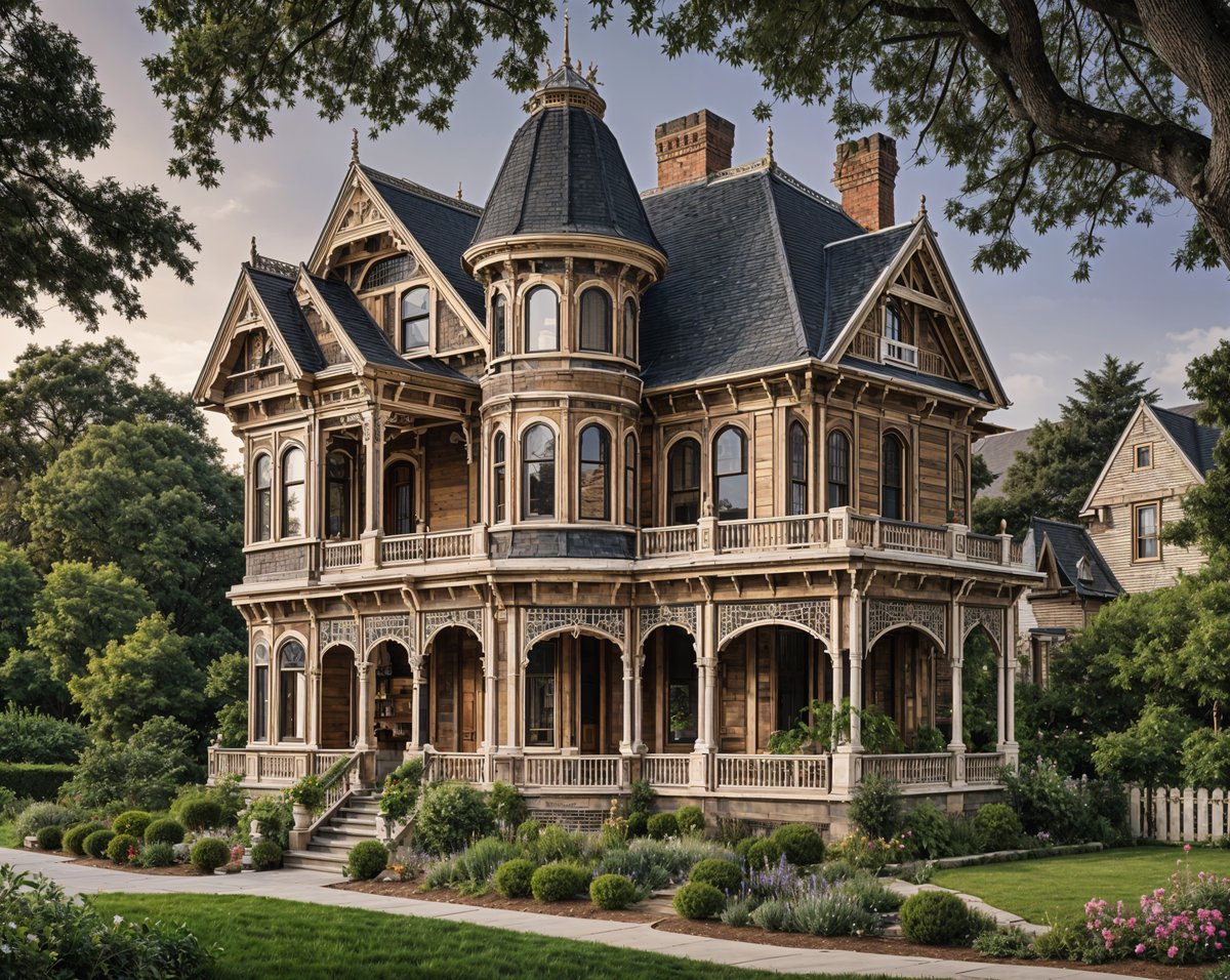 A large Victorian house with a wrap-around porch, multiple windows, and a steep roof. The house is surrounded by a lush green lawn and features a variety of potted plants and flowers.