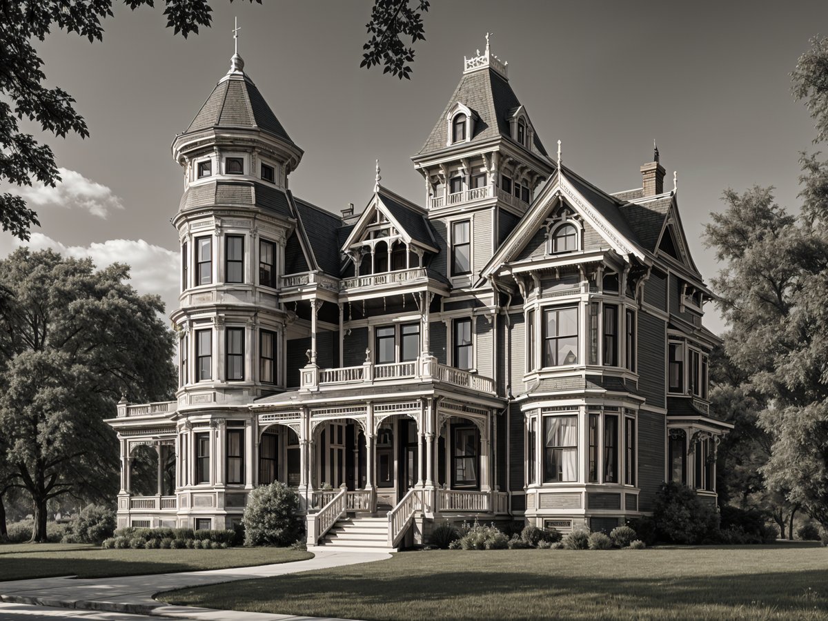 A black and white drawing of a Victorian house with a wrap-around porch and a steep roof.