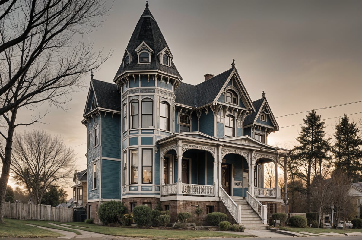 A blue Victorian house with a wrap-around porch and a steeple. The house is surrounded by trees and has a brick chimney.