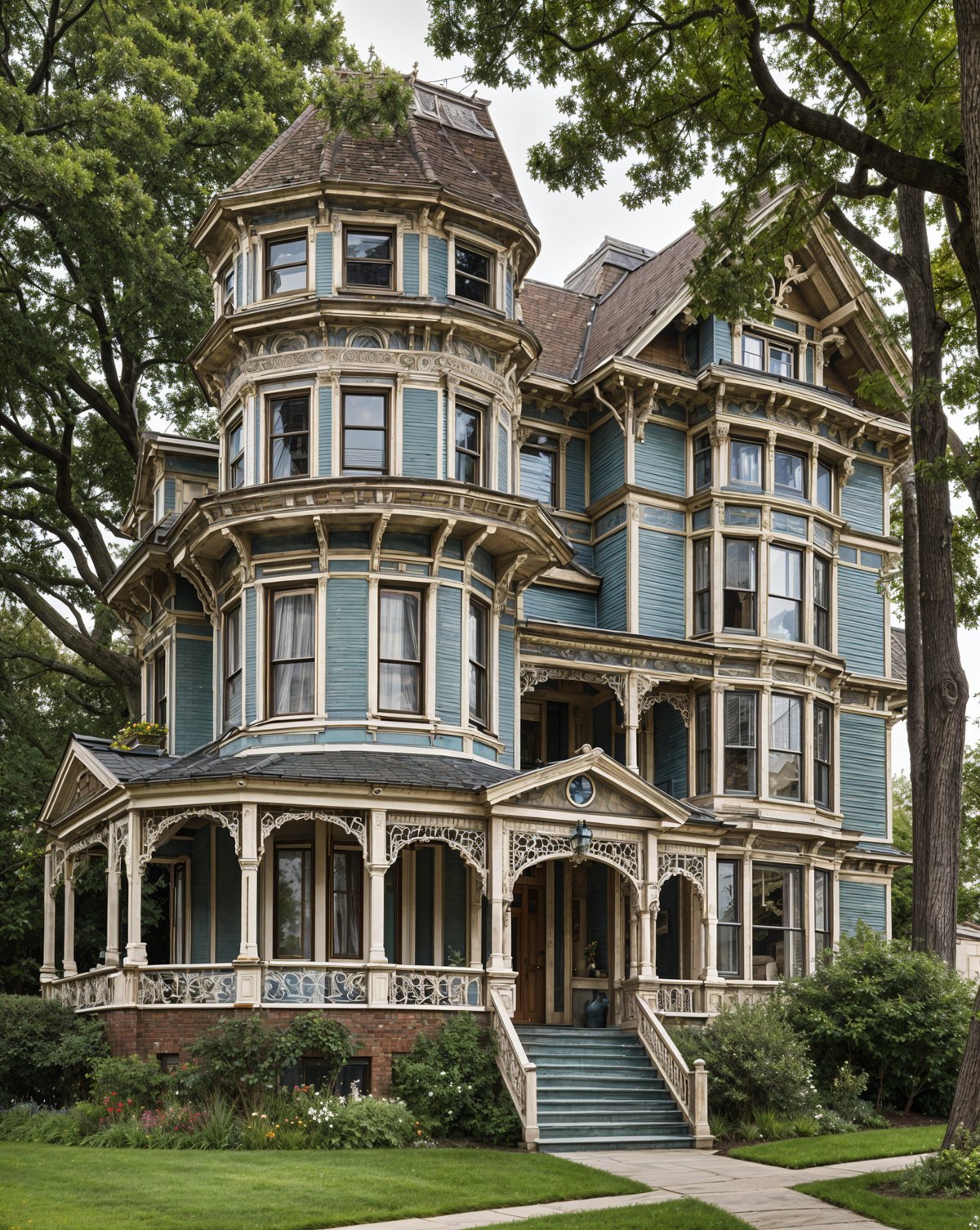 A Victorian house with a wrap-around porch and a staircase leading up to the entrance. The house is painted in a combination of blue and white, and features a steep roof with a cupola.