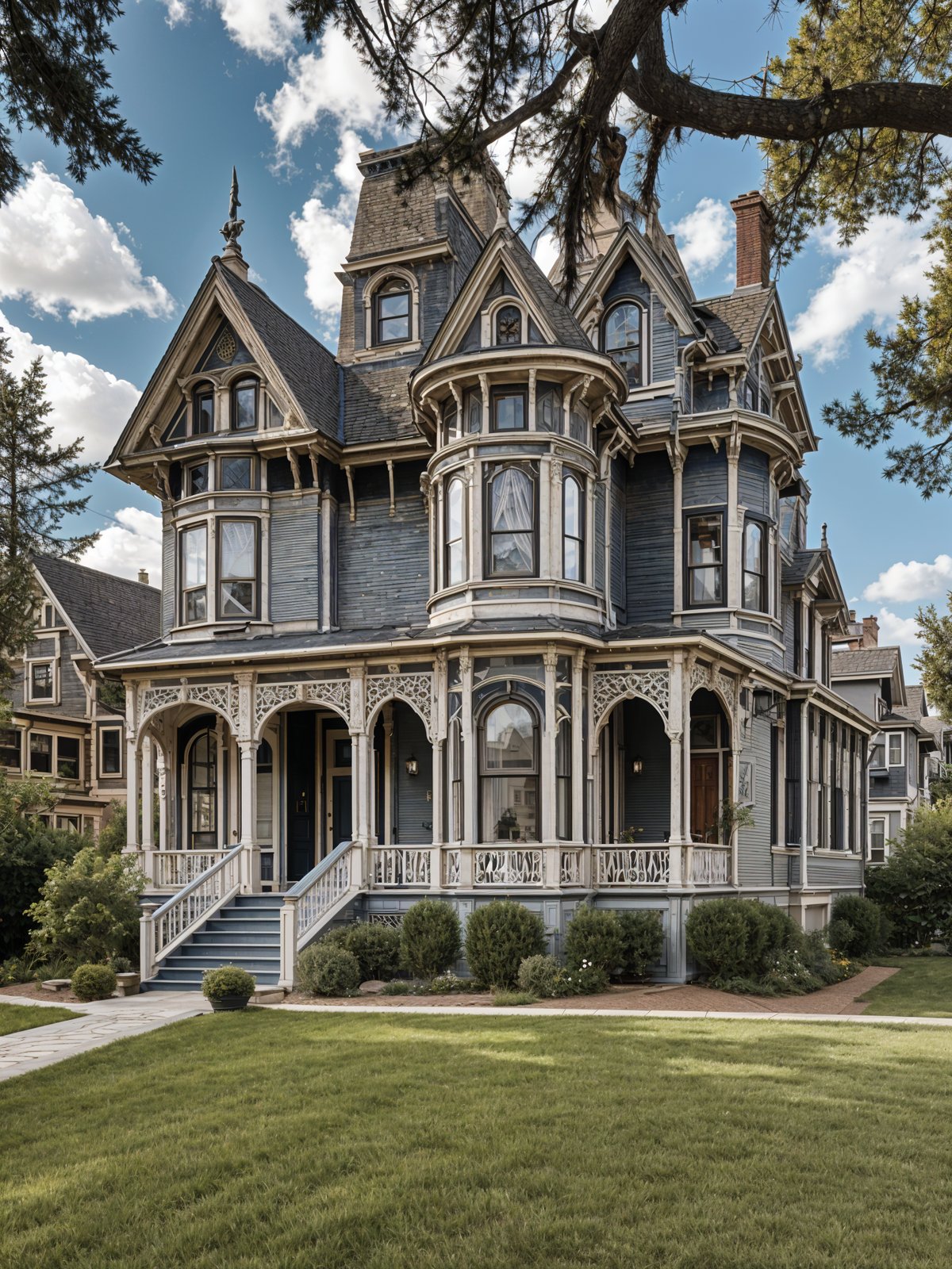 Victorian house exterior with wrap around porch and steeple