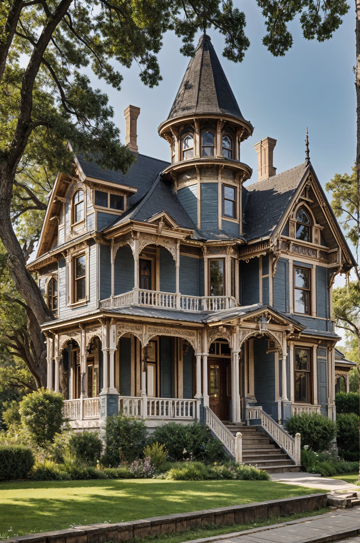 Victorian house exterior with a wrap around porch, steeple, and cupola.