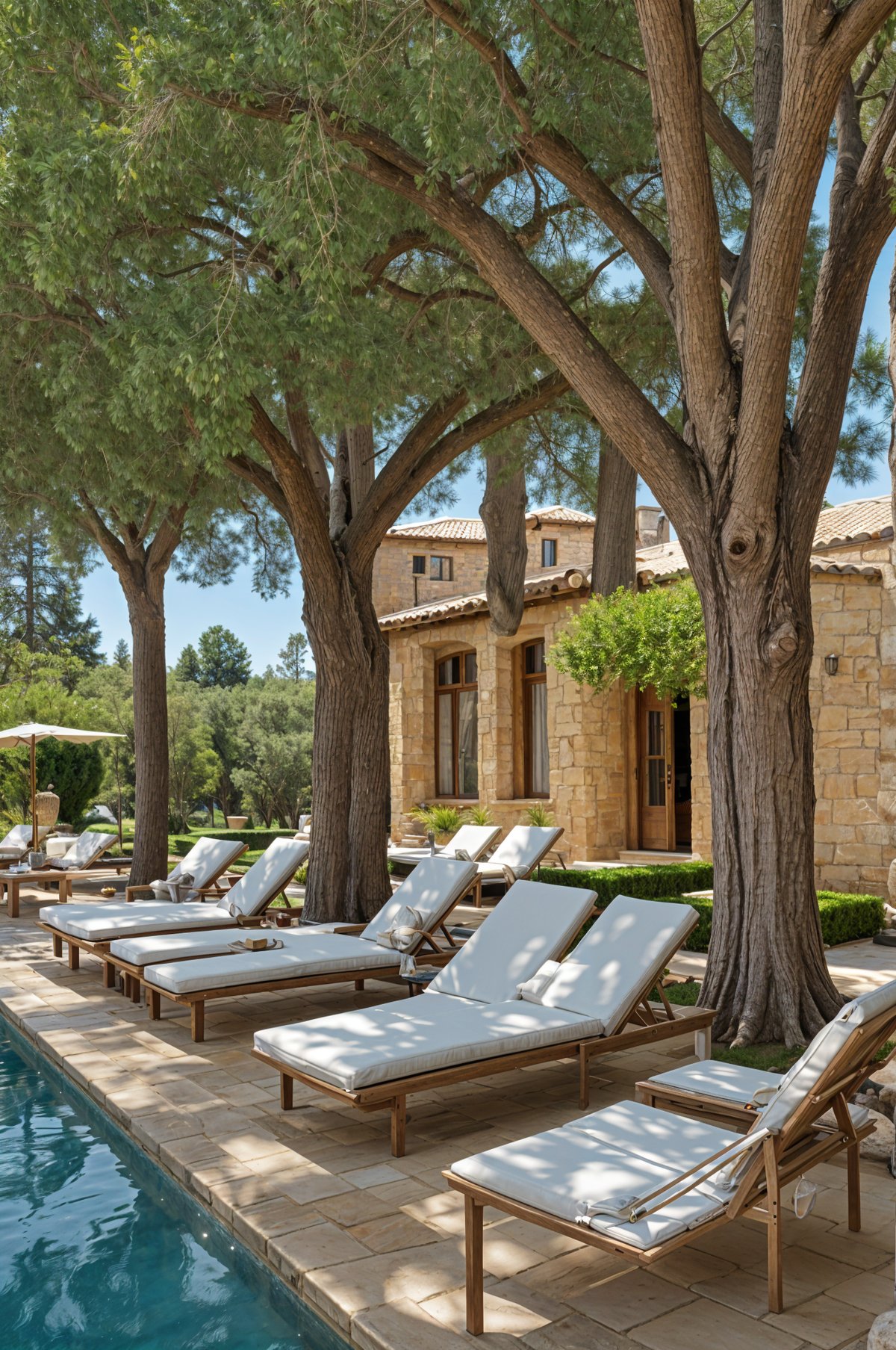 Mediterranean-style house exterior with a large pool and patio area, featuring numerous chairs and chaise lounges.