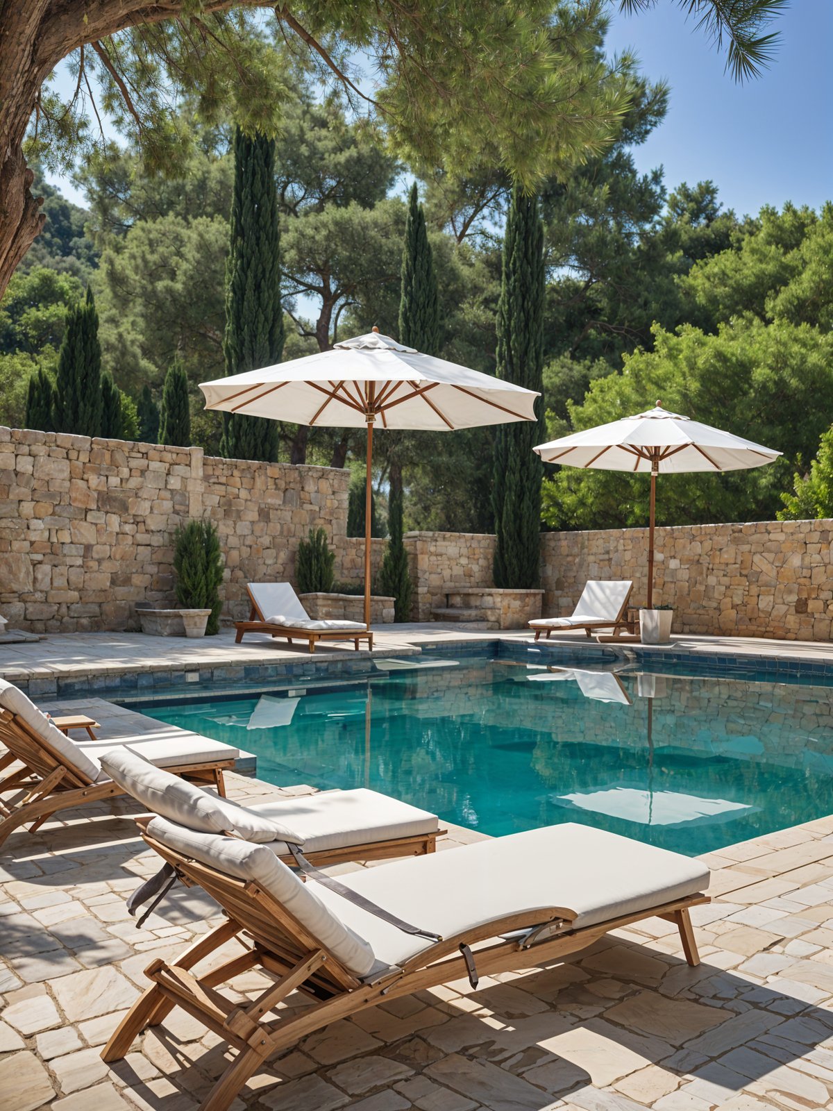 Mediterranean-style house exterior with a large swimming pool, white lounge chairs, and umbrellas.